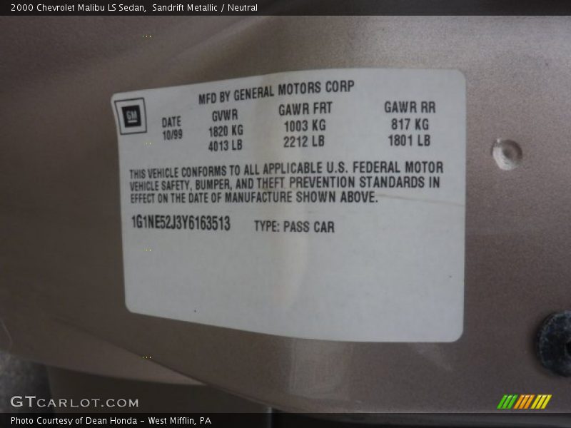 Info Tag of 2000 Malibu LS Sedan