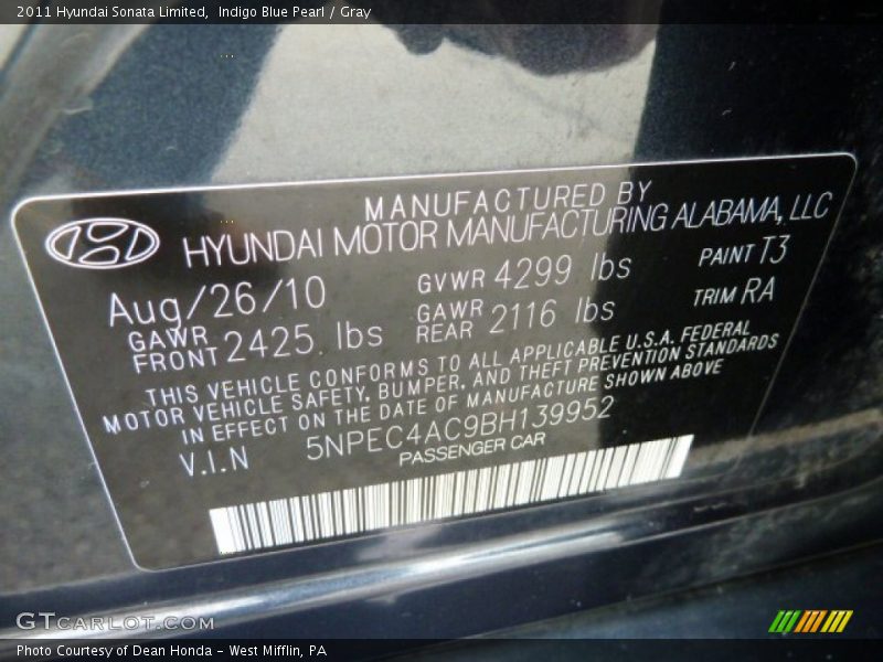 Indigo Blue Pearl / Gray 2011 Hyundai Sonata Limited