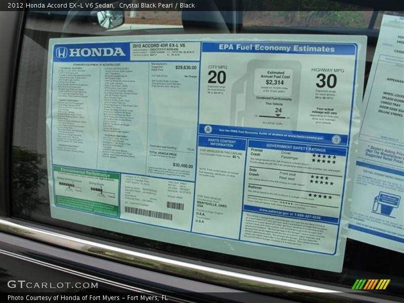  2012 Accord EX-L V6 Sedan Window Sticker