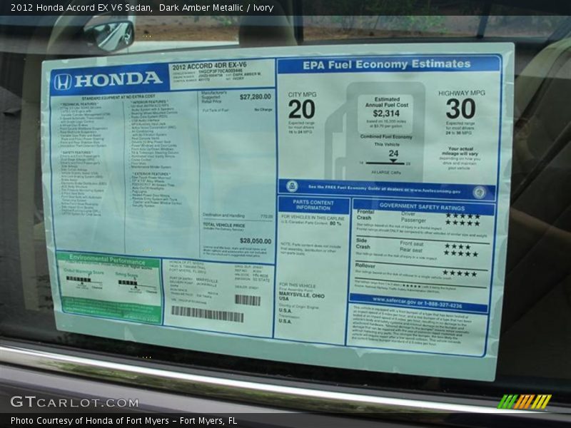  2012 Accord EX V6 Sedan Window Sticker