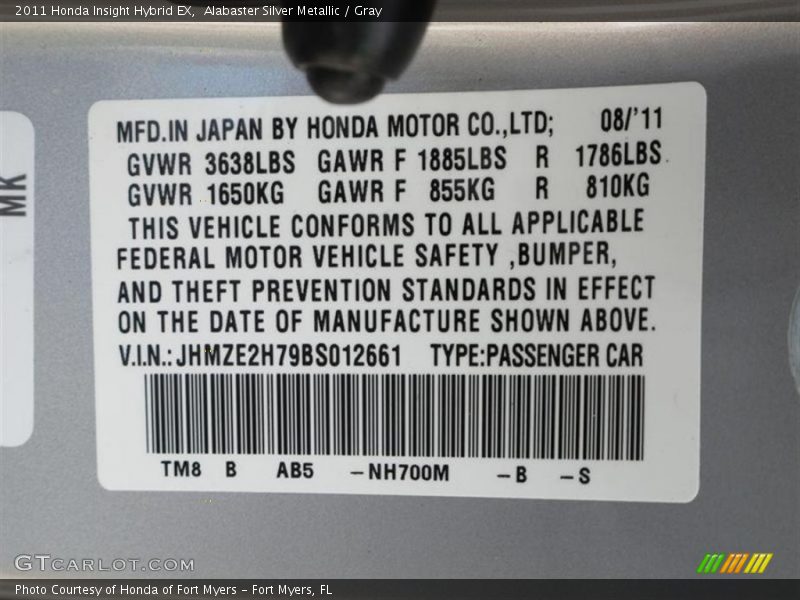 Alabaster Silver Metallic / Gray 2011 Honda Insight Hybrid EX