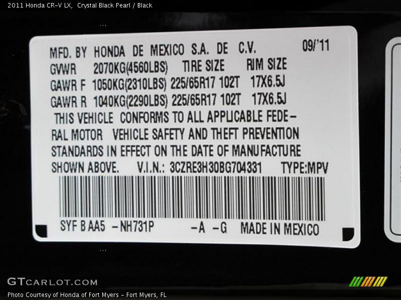 2011 CR-V LX Crystal Black Pearl Color Code NH731P