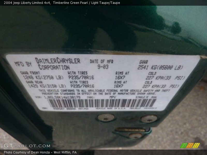 2004 Liberty Limited 4x4 Timberline Green Pearl Color Code PGW