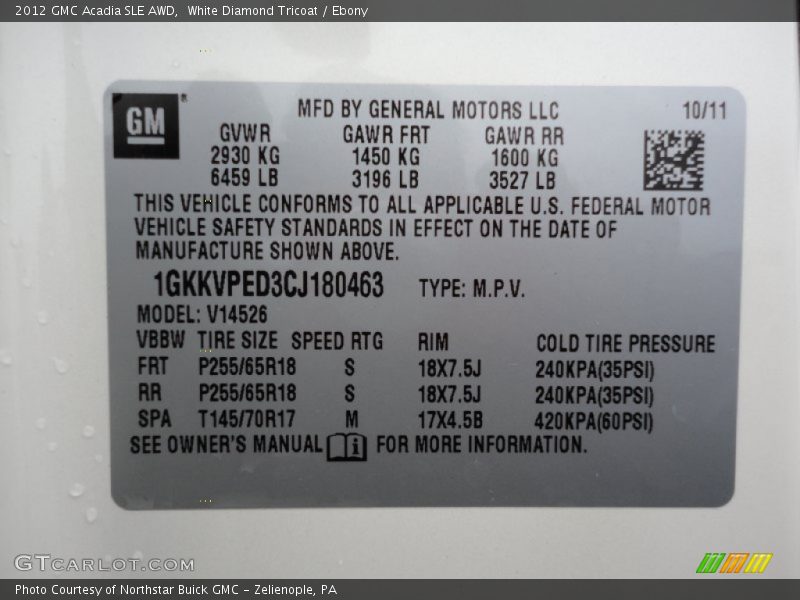 Info Tag of 2012 Acadia SLE AWD