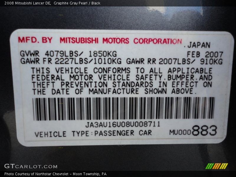 Graphite Gray Pearl / Black 2008 Mitsubishi Lancer DE