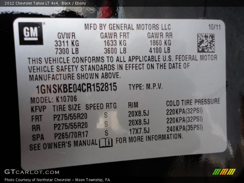 Info Tag of 2012 Tahoe LT 4x4