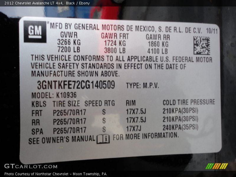 Info Tag of 2012 Avalanche LT 4x4