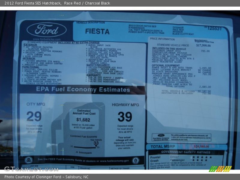  2012 Fiesta SES Hatchback Window Sticker