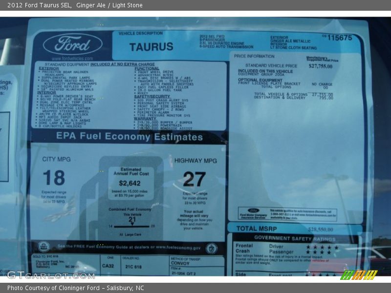  2012 Taurus SEL Window Sticker