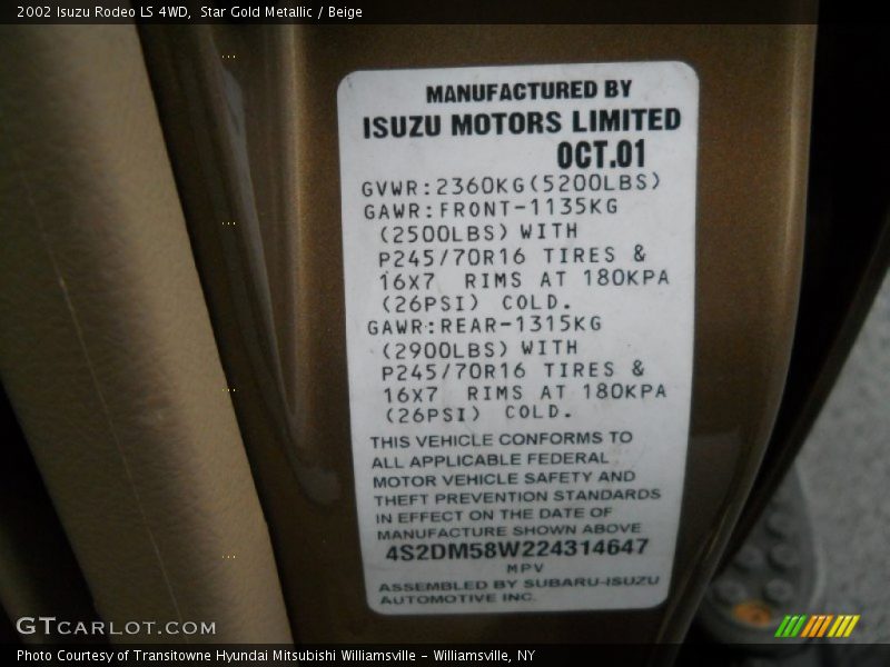 Info Tag of 2002 Rodeo LS 4WD