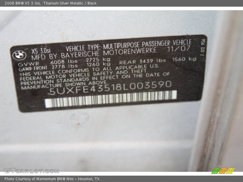 Titanium Silver Metallic / Black 2008 BMW X5 3.0si