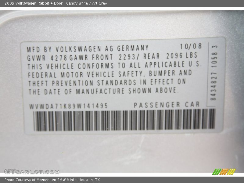Candy White / Art Grey 2009 Volkswagen Rabbit 4 Door