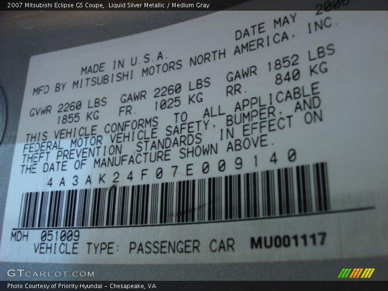 Liquid Silver Metallic / Medium Gray 2007 Mitsubishi Eclipse GS Coupe