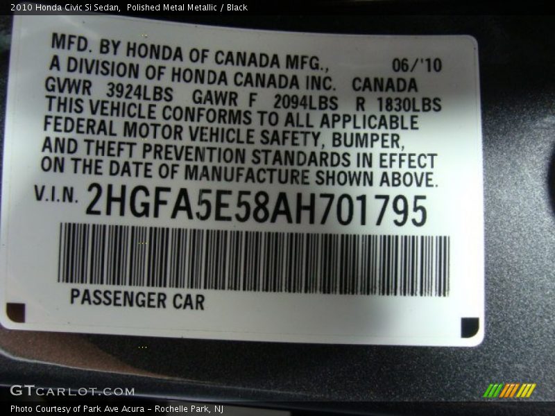 Polished Metal Metallic / Black 2010 Honda Civic Si Sedan