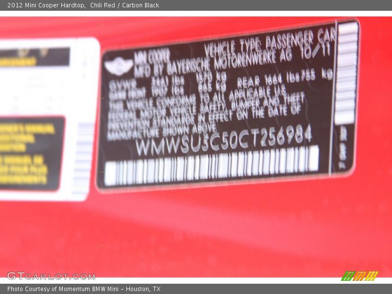 Chili Red / Carbon Black 2012 Mini Cooper Hardtop