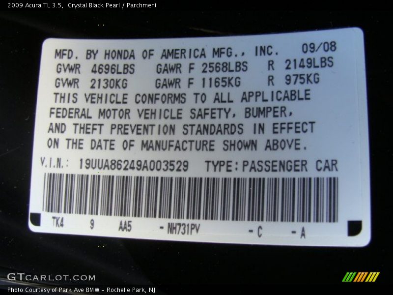 Crystal Black Pearl / Parchment 2009 Acura TL 3.5