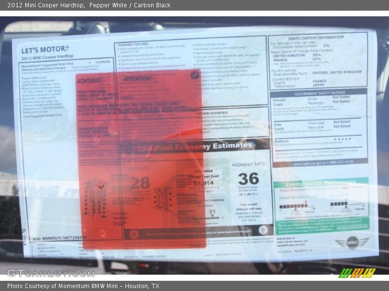 Pepper White / Carbon Black 2012 Mini Cooper Hardtop