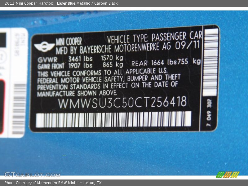Info Tag of 2012 Cooper Hardtop