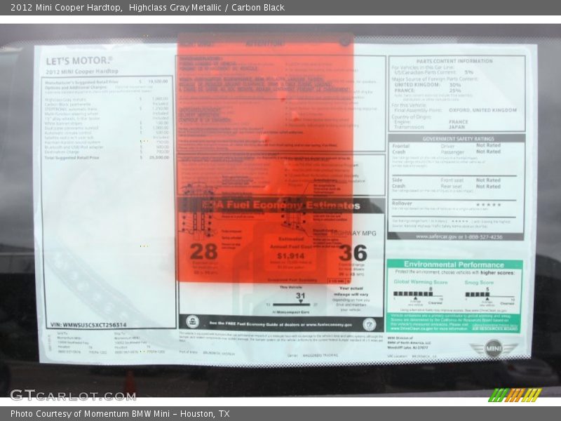  2012 Cooper Hardtop Window Sticker