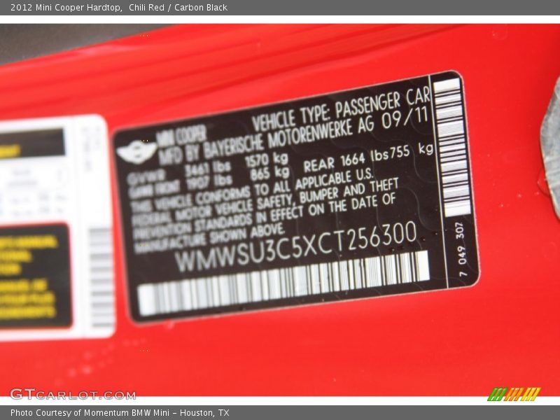 Chili Red / Carbon Black 2012 Mini Cooper Hardtop
