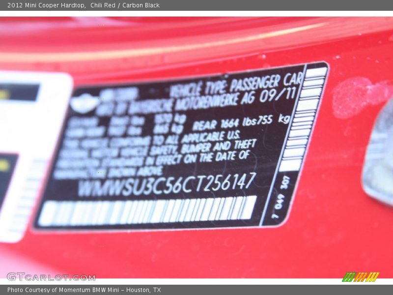 Chili Red / Carbon Black 2012 Mini Cooper Hardtop
