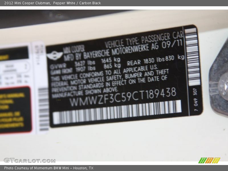 Pepper White / Carbon Black 2012 Mini Cooper Clubman