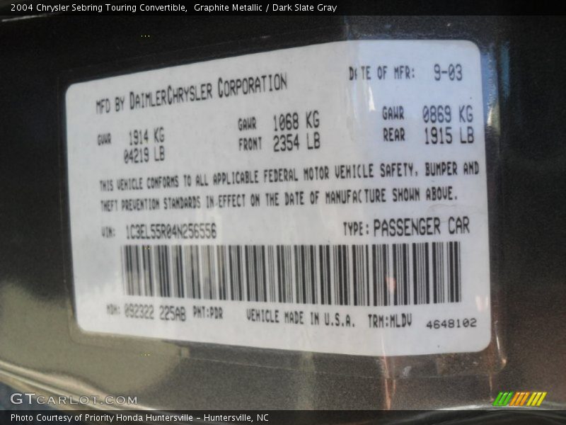 Graphite Metallic / Dark Slate Gray 2004 Chrysler Sebring Touring Convertible