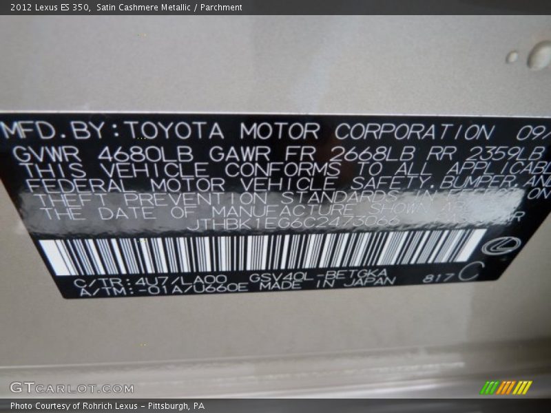2012 ES 350 Satin Cashmere Metallic Color Code 4U7