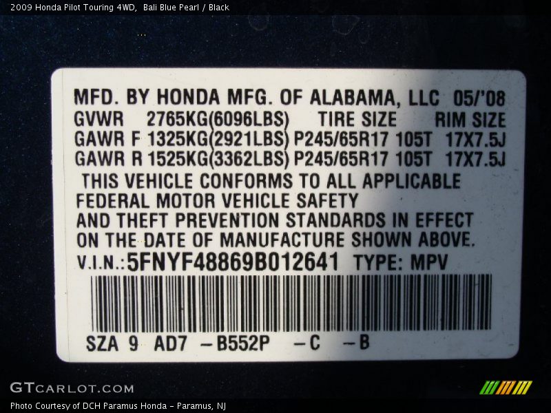 Bali Blue Pearl / Black 2009 Honda Pilot Touring 4WD