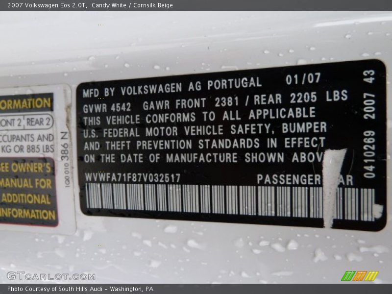 Candy White / Cornsilk Beige 2007 Volkswagen Eos 2.0T
