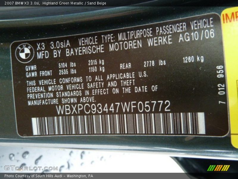 Highland Green Metallic / Sand Beige 2007 BMW X3 3.0si