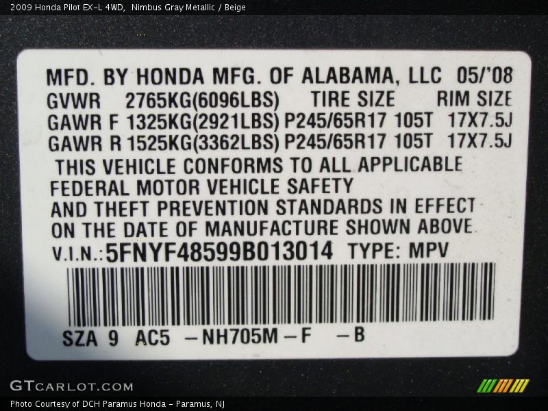 Nimbus Gray Metallic / Beige 2009 Honda Pilot EX-L 4WD