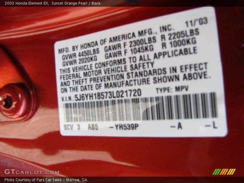 2003 Element EX Sunset Orange Pearl Color Code YR539P