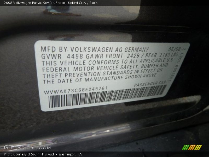 United Gray / Black 2008 Volkswagen Passat Komfort Sedan
