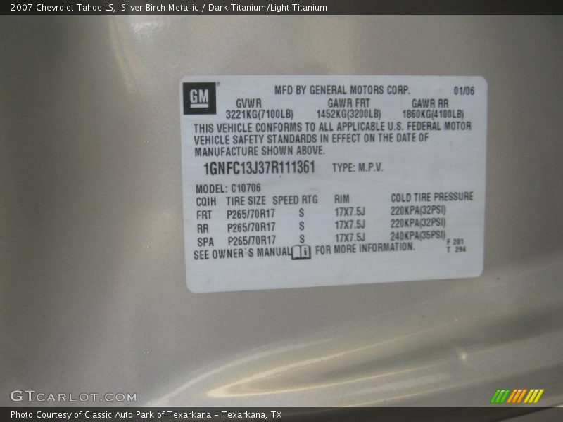 Silver Birch Metallic / Dark Titanium/Light Titanium 2007 Chevrolet Tahoe LS