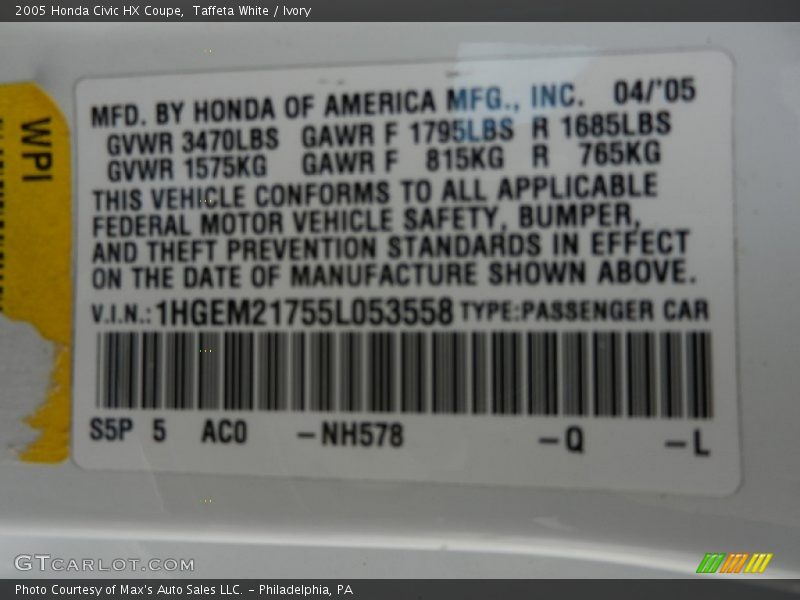 2005 Civic HX Coupe Taffeta White Color Code NH578