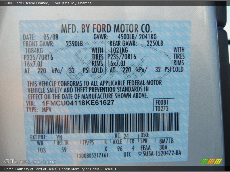 Silver Metallic / Charcoal 2008 Ford Escape Limited