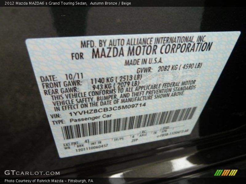 2012 MAZDA6 s Grand Touring Sedan Autumn Bronze Color Code 41