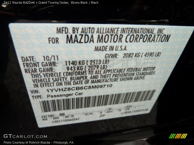 Ebony Black / Black 2012 Mazda MAZDA6 s Grand Touring Sedan