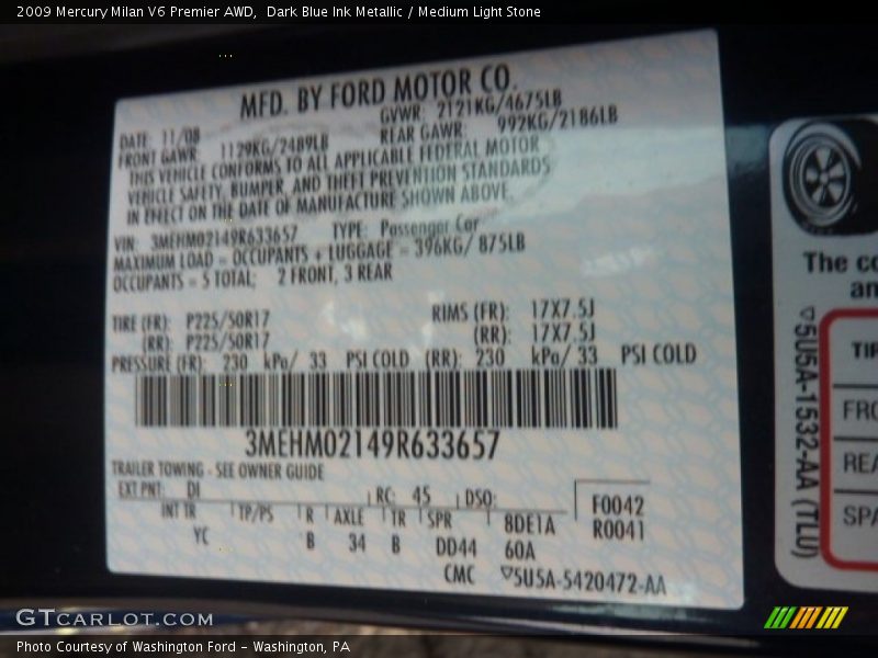 2009 Milan V6 Premier AWD Dark Blue Ink Metallic Color Code DI
