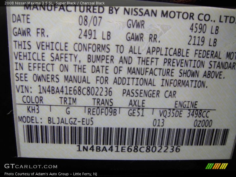 Super Black / Charcoal Black 2008 Nissan Maxima 3.5 SL