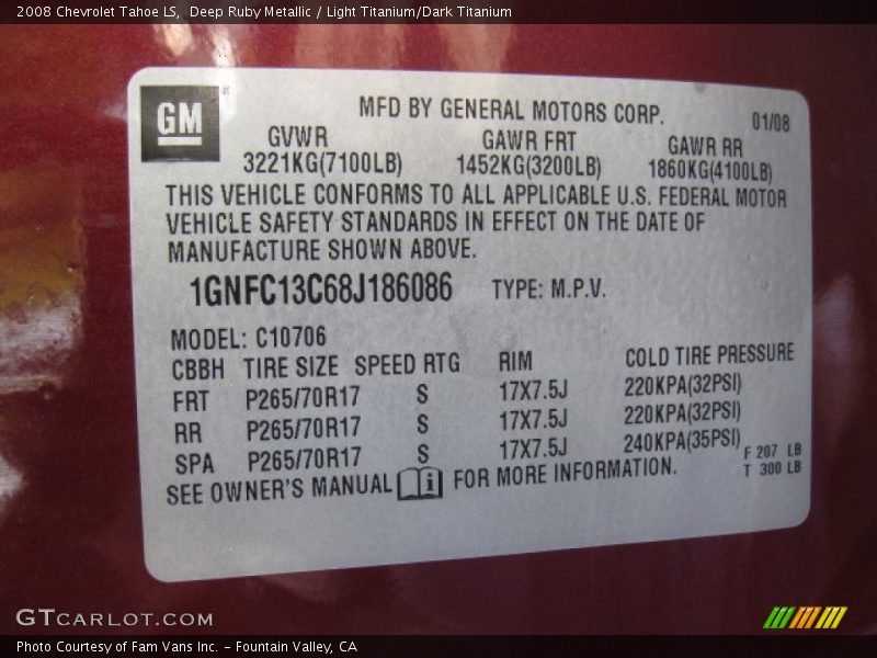 Deep Ruby Metallic / Light Titanium/Dark Titanium 2008 Chevrolet Tahoe LS