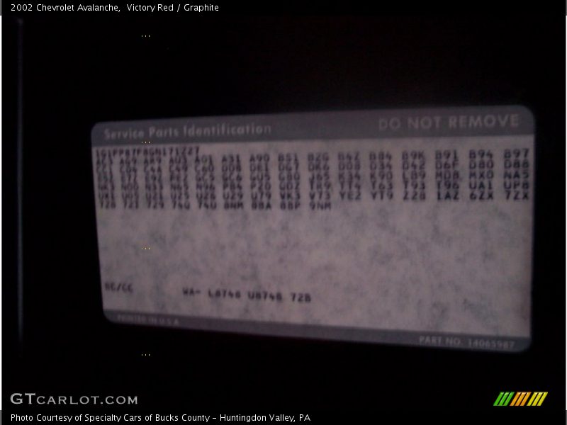 Info Tag of 2002 Avalanche 