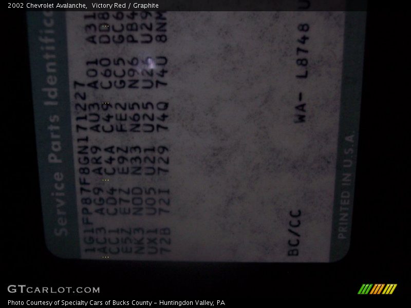 Info Tag of 2002 Avalanche 