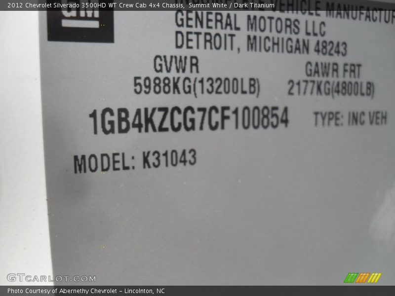 Summit White / Dark Titanium 2012 Chevrolet Silverado 3500HD WT Crew Cab 4x4 Chassis