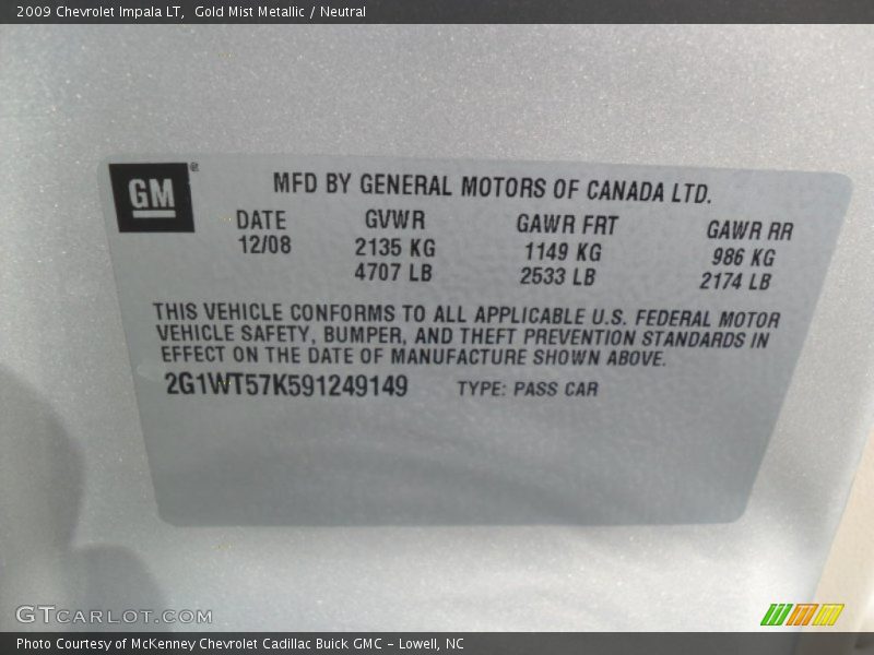Gold Mist Metallic / Neutral 2009 Chevrolet Impala LT