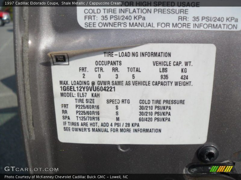 Info Tag of 1997 Eldorado Coupe