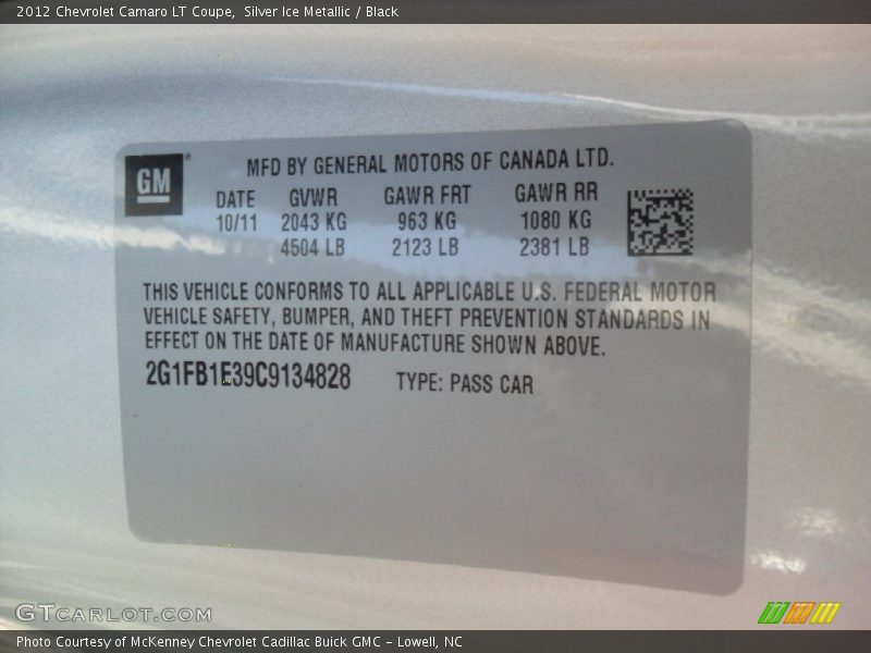 Silver Ice Metallic / Black 2012 Chevrolet Camaro LT Coupe