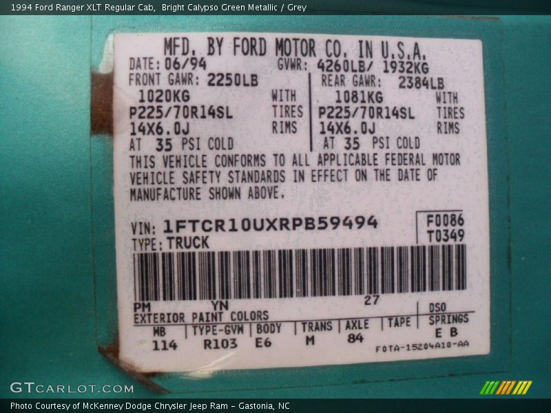 1994 Ranger XLT Regular Cab Bright Calypso Green Metallic Color Code PM