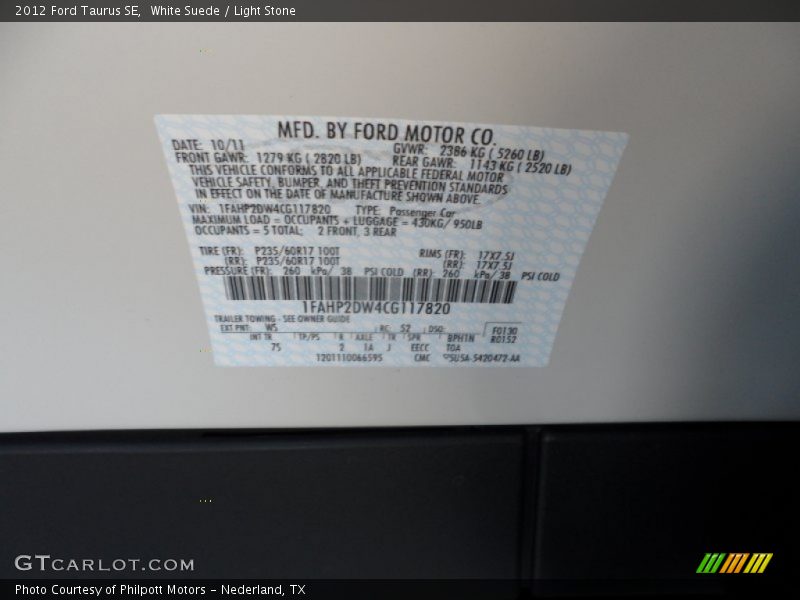 2012 Taurus SE White Suede Color Code WS